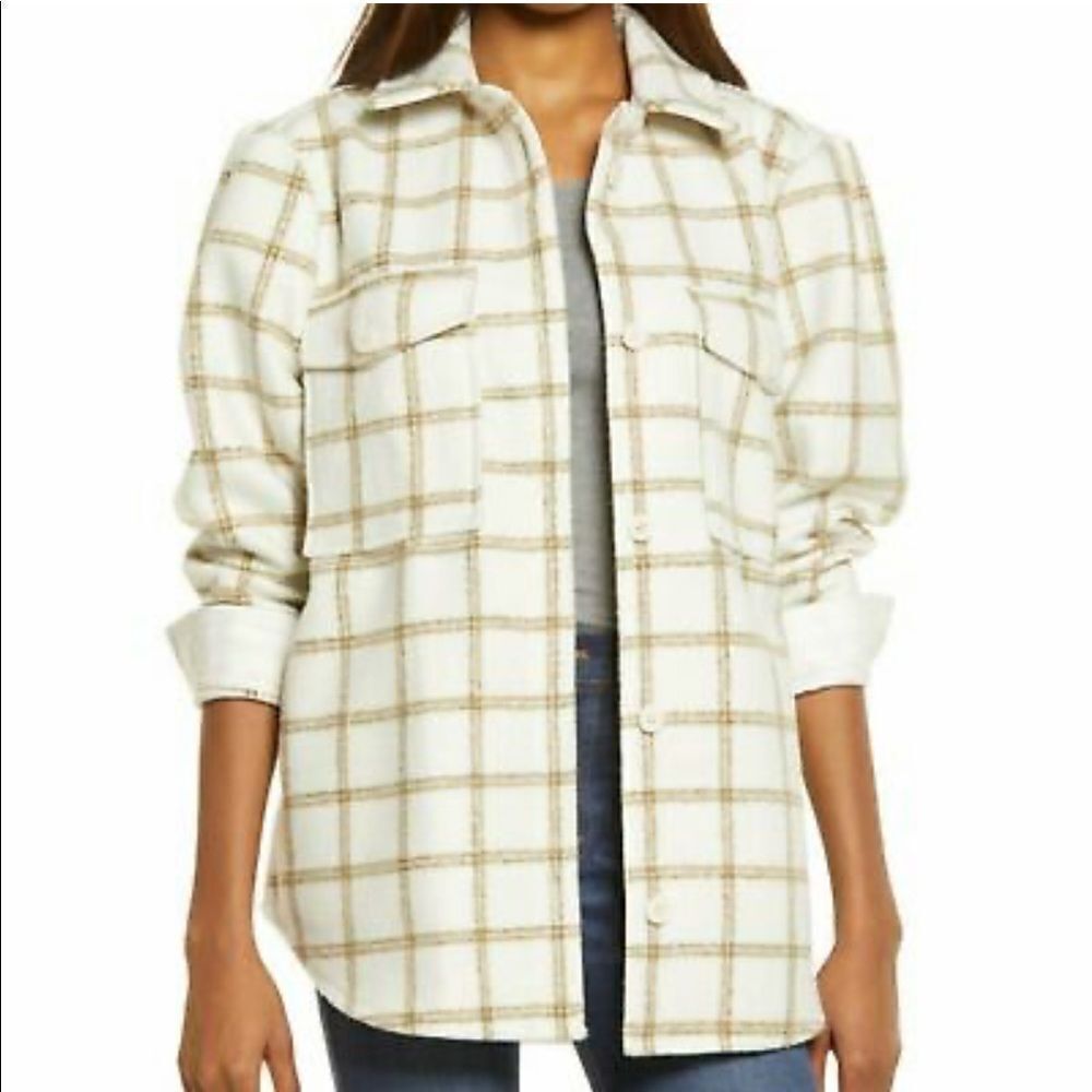 Treasure & Bond Shacket Puff Shoulder Carson Pane Brushed Shirt Jacket in Ivory